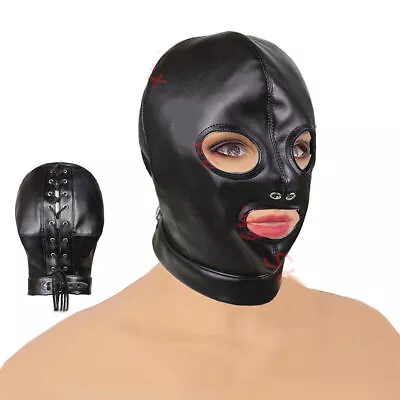 BDSM PU Leather Open Mouth Eyes Hood Mask With Choker Headgear Lace Up Cosplay • $26.89