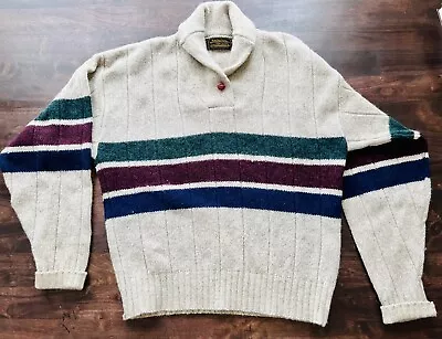 EUC 70s Vtg Eddie Bauer Mens Wool Blend Sweater Made In U.S.A. Oatmeal Stripe L • $34.99