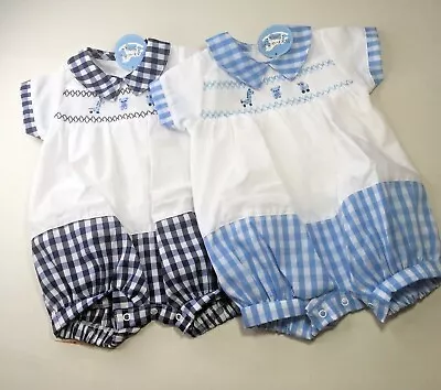 Baby Boy  Romper Smocked  Spanish Style  Blue  Check 0-3 Months • £12.99