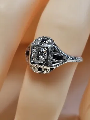 Art Deco Ring  .25ct European Cut Diamond And Sapphires 18k White Gold Size 7 • $400