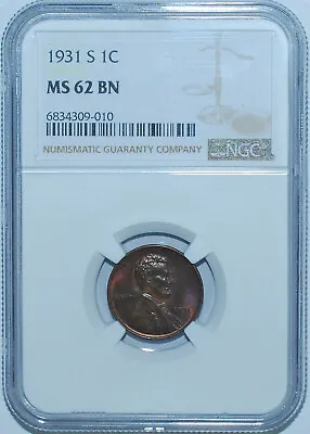 1931 S NGC MS62BN Brown Lincoln Wheat Cent • $189.99