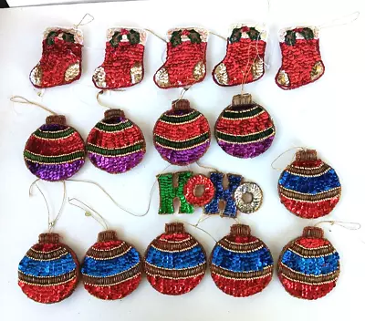 Vintage Christmas Ornaments Sequins And Beads  Flat Cloth Retro Look • $23.09