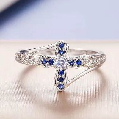1Ct Round Cut Lab Created Blue Sapphire Diamond Cross Ring 14K White Gold Plated • $87.49