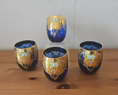 Set Of 4 Vintage Cobalt Blue Hand Painted Tumblers • £25