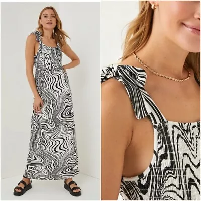 * BNWT Matalan Black White Swirl Shirred Cami Maxi Dress (ST126) • £9.99