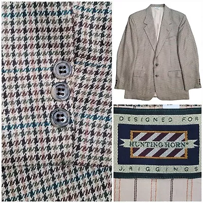 Vintage Mens Blazer Sport Coat Two Button Houndstooth Jacket 42R Silk Wool Suit • $29.99