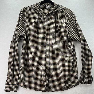 Express Hoodie Mens M Checkered Flannel Button Sweatshirt Jacket Draw Strings • $19.95
