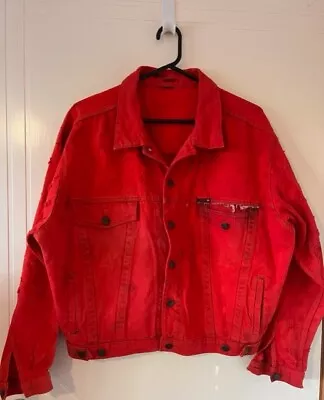 80's Retro RED Dyed Distressed Denim Jacket SIZE 12-14 • $35