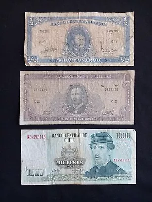 CHILE 1/2 + 1 ESCUDO + 1000 PESOS Banknotes - Circulated / Damaged • $5