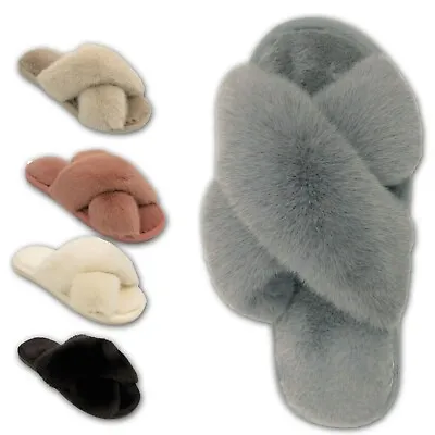 Ladies Fluffy Slippers Womens Faux Fur Open Toe Cross Over Girl Mules Shoes Size • £8.27