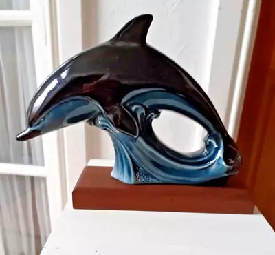 £25 • Buy Poole Pottery Blue Glaze Large Ceramic Dolphin On Custom Made Wooden Plinth