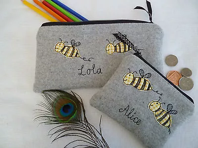£14.49 • Buy Personalised Bee Coin Purse/Wallet Or Pencil Case Grey Wool, Choice Of Wording