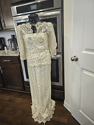 Vintage Alyce Designs White Lace Sheer Off White And Gold Dress Medium • $109