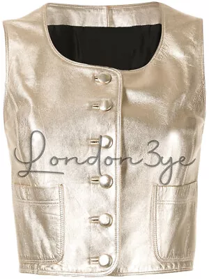 Women Genuine Lambskin Waistcoat Metallic Real Leather Vest Sleeveless Jacket • $228.21