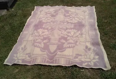 Vintage Wool Blanket Purple And Cream Cross And Flowers Motifs Reversible • $70