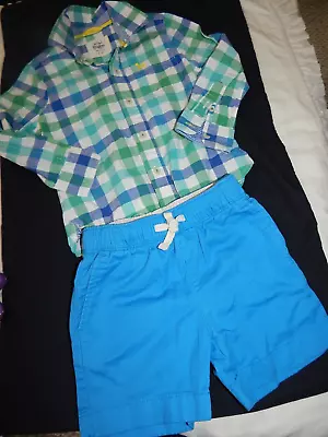 Mini Boden/ Crewcuts Boys 2T 3T Checked Blue Green Shirt And Shorts Outfit • $19.99