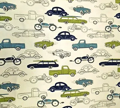 Vintage Cars Trucks Motorcycles Bug Station Wagon Upholstery Cotton Fabric 25x48 • $15.95