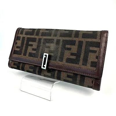 FENDI Zucca Brown Canvas Leather Bifold Long Wallet Purse Vintage Italy Auth • $99.99