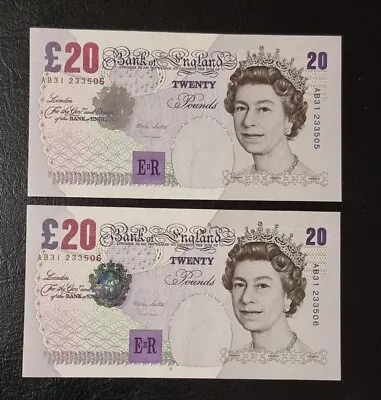 2 UNC Consecutive Lowther £20  TWENTY Pound Banknotes • £41