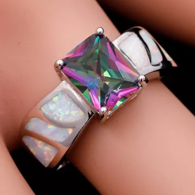 White Fire Opal 7x9 Rainbow Mystic Topaz Silver Jewelry Cocktail Ring Size 9 • $4.99