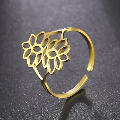 $2.99 • Buy Lotus Flower Rings Women Stainless Steel Adjustable Finger Ring Buddhism Jewelry