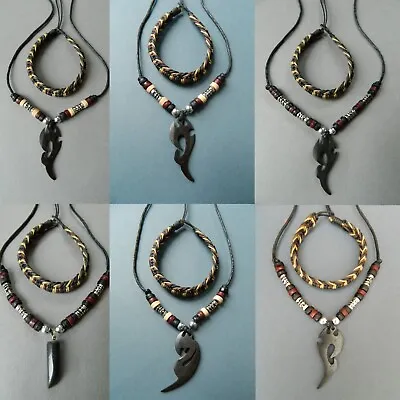 Necklace Mens Boys Jewellery Gift Tribal Surfer Maori Viking Beaded Wood Beads • £7.99