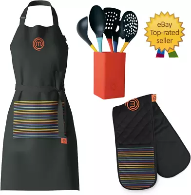 MasterChef Kitchen Gift Set Cotton Chef Apron Double Oven Gloves Utensils Set • £39.99