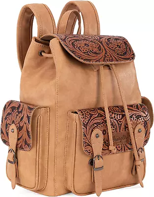 Wrangler Vintage Floral Tooled Backpack Purse Anti-Theft Travel Bags Light Brown • $99.99