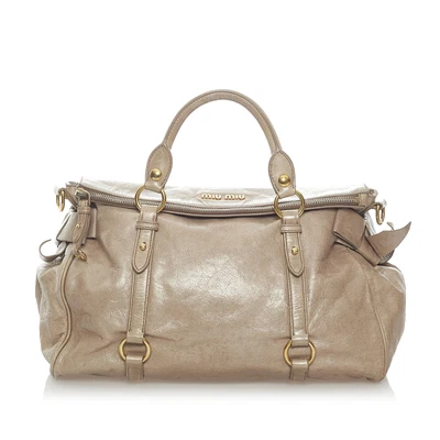 $389.35 • Buy Authenticated Miu Miu Vitello Lux Bow Brown Beige Calf Leather Satchel