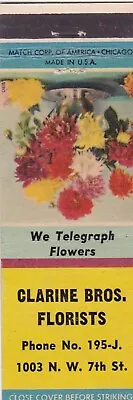 Clarine Bros. Florists  Matchbook Cover 1950's Flower Display • $1.19