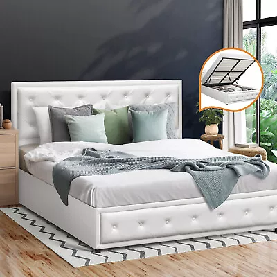 Oikiture Bed Frame Queen Double King Single Size Gas Lift Base W/ Storage White • $269.90