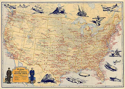 World War II Map Of United States Military Posts Pictorial WWII Wall Poster Art • $13.95