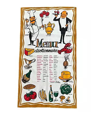 Vintage Mid Century Linen Tea Towel French Chef Garcon Menu Dictionnaire NWT! • $18
