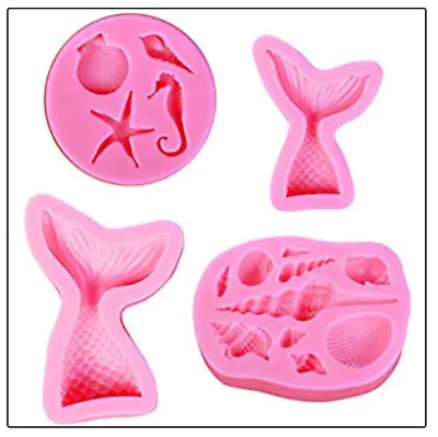 Mermaid Silicone Mold Seashell Mermaid Tail Fondant Seahorse Starfish 4pc N08 • $9.99