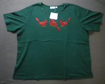 NWT NOS Quacker Factory Cardinal Birds Holiday Rhinestone 3XL Shirt Green Women • $24.99