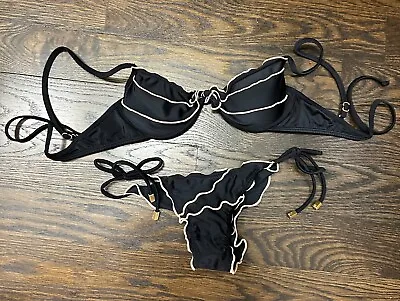 Vix Paula Hermanny Black Ruffle W/ Tan Accents Bikini Set Gold Hardware XS/S • $39.99