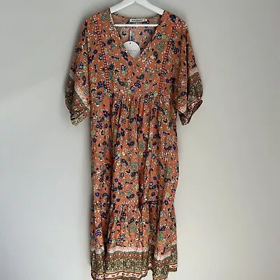 Rustty Dustty Boho Floral Orange Maxi Dress Size Small • $34