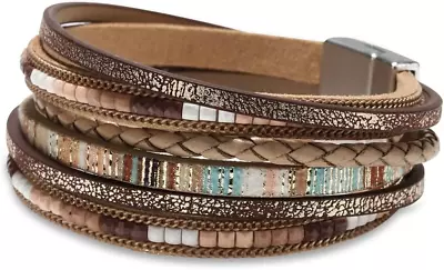 Leather Wrap Bracelets For Women Boho Leopard Multi-Layer Crystal Beads Cuff Br • $16.24