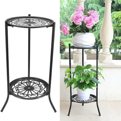 Tall Black Metal Plant Stand 2 Tier Flower Pot Holder Planter Display Rack Shelf • £8.94