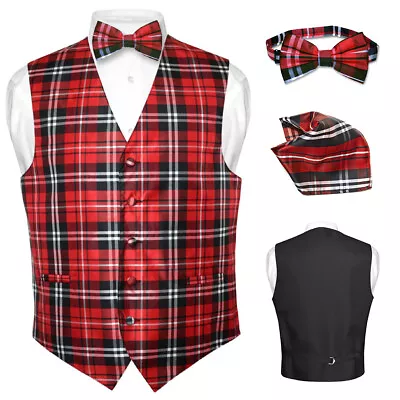 Men's Plaid Design Dress Vest BOWTie Black RED White BOW Tie Hanky Set Suit Tux • $24.95