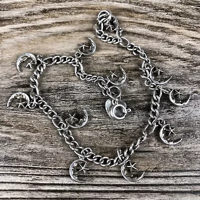 Vintage Sterling Silver Crescent Moon Star Chain Bracelet • $19.99