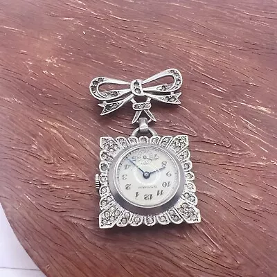 Vintage Sterling Silver Marcasite Brooch Bow Dangle With A Watch Face  • $32