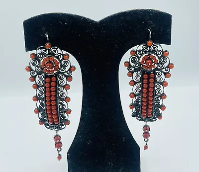 Vintage Sterling Silver Red Coral Filigree Long Dangle Earrings • $299