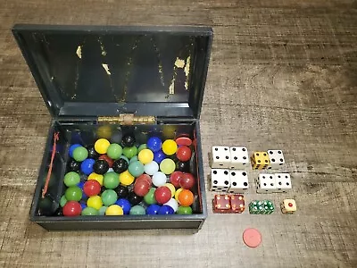 Vintage Jewelry Box Filled With Vintage Solid Color Marbles And Dice  • $25