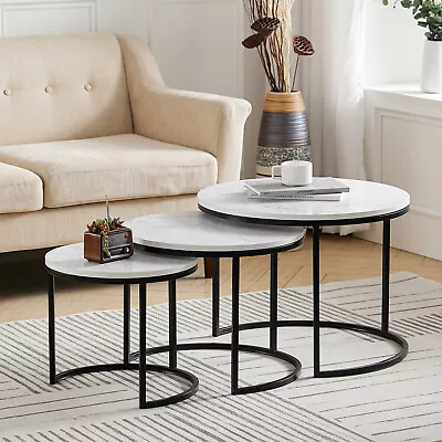 3Pcs Nesting Coffee Table Marble Effect Top Stacking Side Tables Space-saving UK • £85.95