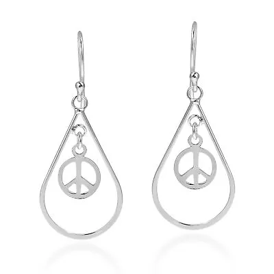 $18.99 • Buy Spirit Teardrop Peace Sign Symbol Sterling Silver .925 Dangle Earrings