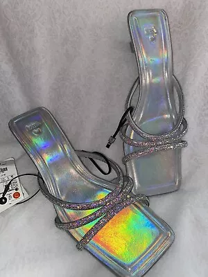 $59.99 • Buy Zara RHINESTONE HEELED SILVER SANDALS Size EU 39/US8 NB NWT