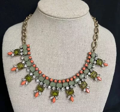 J CREW Necklace Statement Jewelry Designer Costume Gold Green Coral Rhinestones • $12