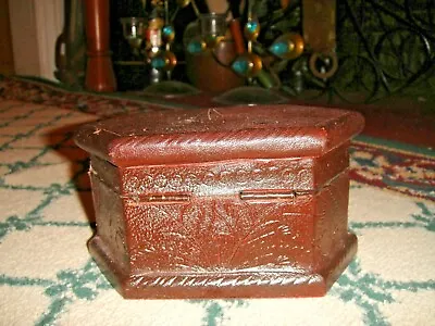 $29.99 • Buy Antique Leather Bound Wood Trinket Box Coffin Shape Hinged Lid