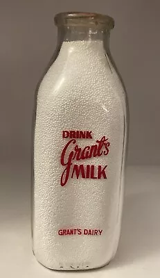 Vintage GRANT'S DAIRY Quart Pyro Milk Bottle Bangor Maine • $13.99